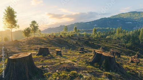 A hillside view after illegal deforestation. Felled trees are scattered across the slope, with visible stumps, emphasizing the environmental devastation