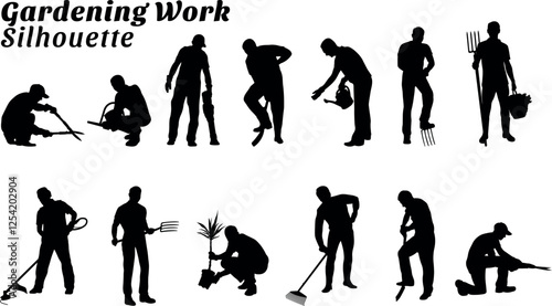 Gardening work silhouette vector illustration set