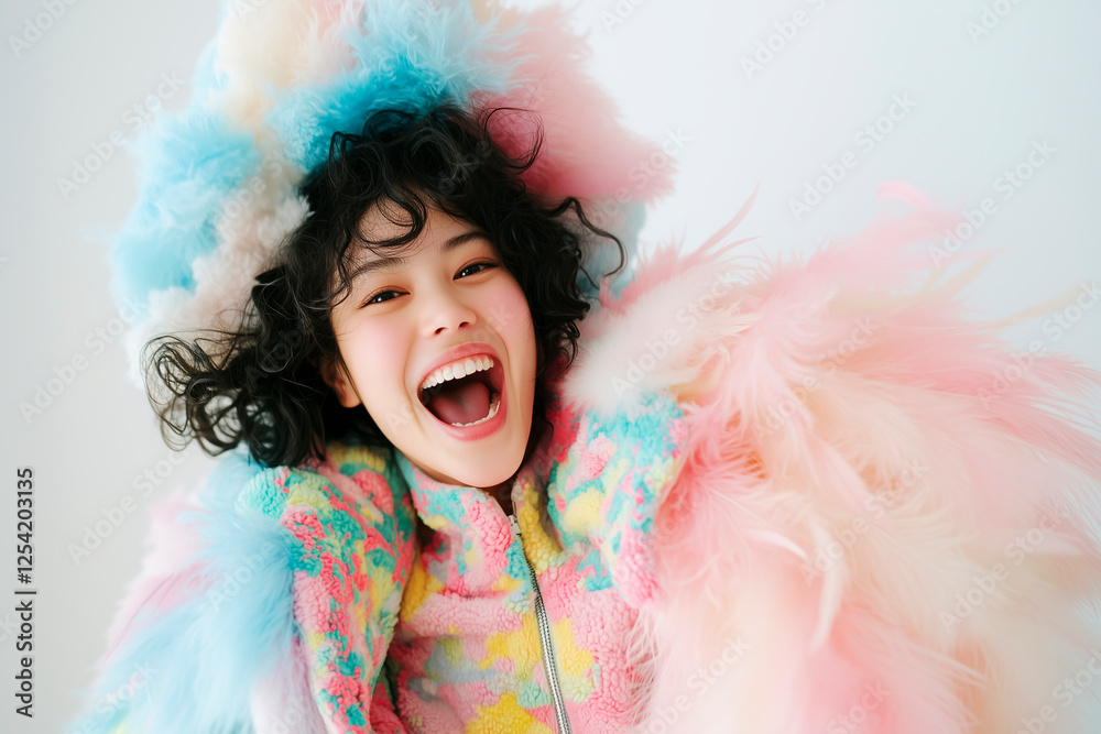 Joyful Young Woman in Pastel Fluffy Fashion: A Whimsical and Playful Portrait Joyful Young Woman in Pastel Fluffy Fashion: A Whimsical and Playful Portrait