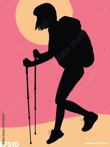 Girl with trekking poles silhouette. Vector abstract graphic background
