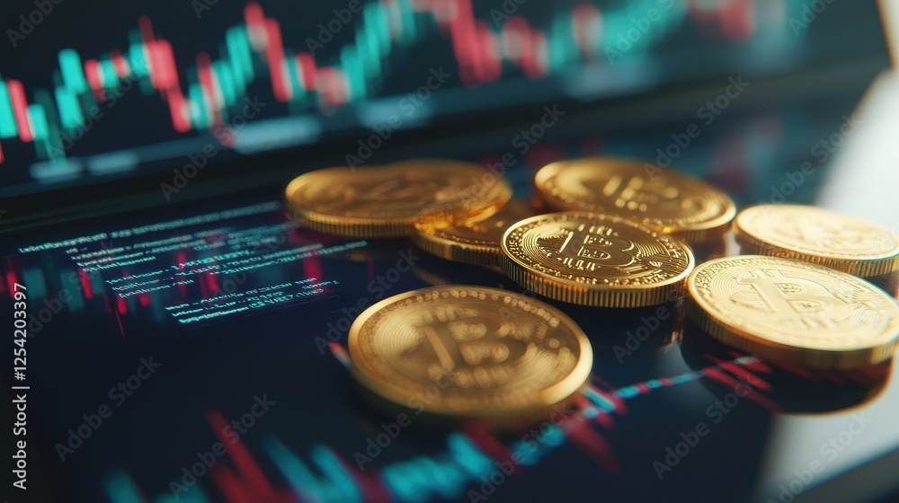 Golden coins rolling on a glossy surface with financial graph displayed on digital tablet screen in background, stock market volatility and investment risk concept, isolated on white background. Golden coins rolling on a glossy surface with financial graph displayed on digital tablet screen in background, stock market volatility and investment risk concept, isolated on white background.