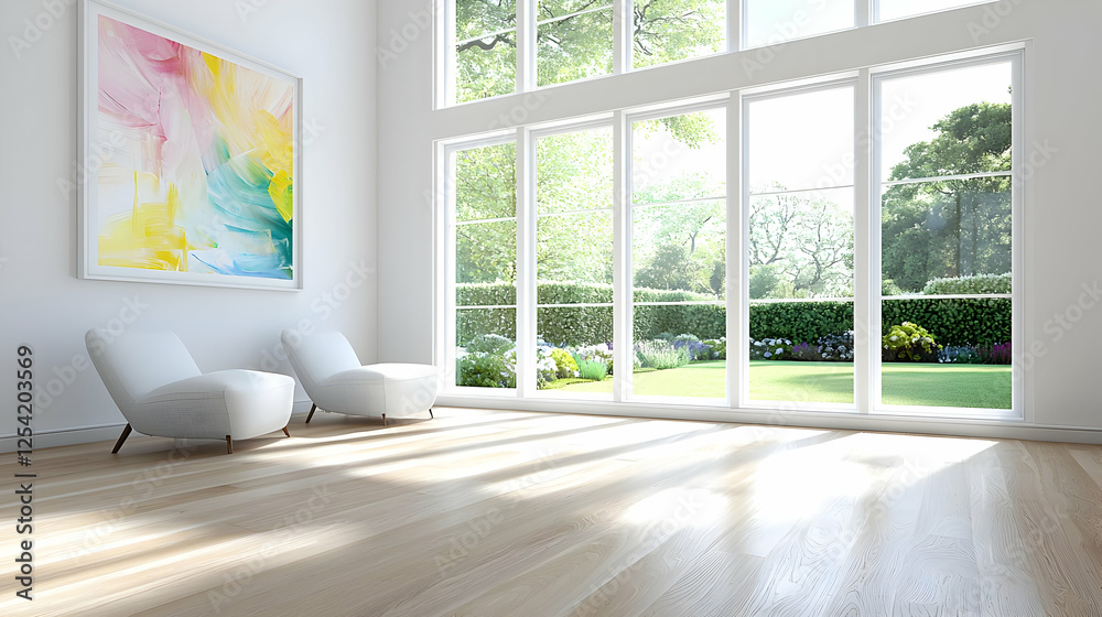 Fototapeta premium Bright empty modern living room with two white armchairs and large windows overlooking a sunny green garden.