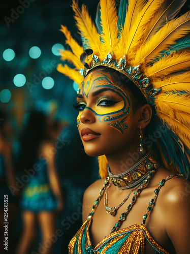 Golden Goddess: A captivating portrait of a woman in a vibrant carnival costume, adorned with feathers, intricate makeup, and dazzling gold jewelry.