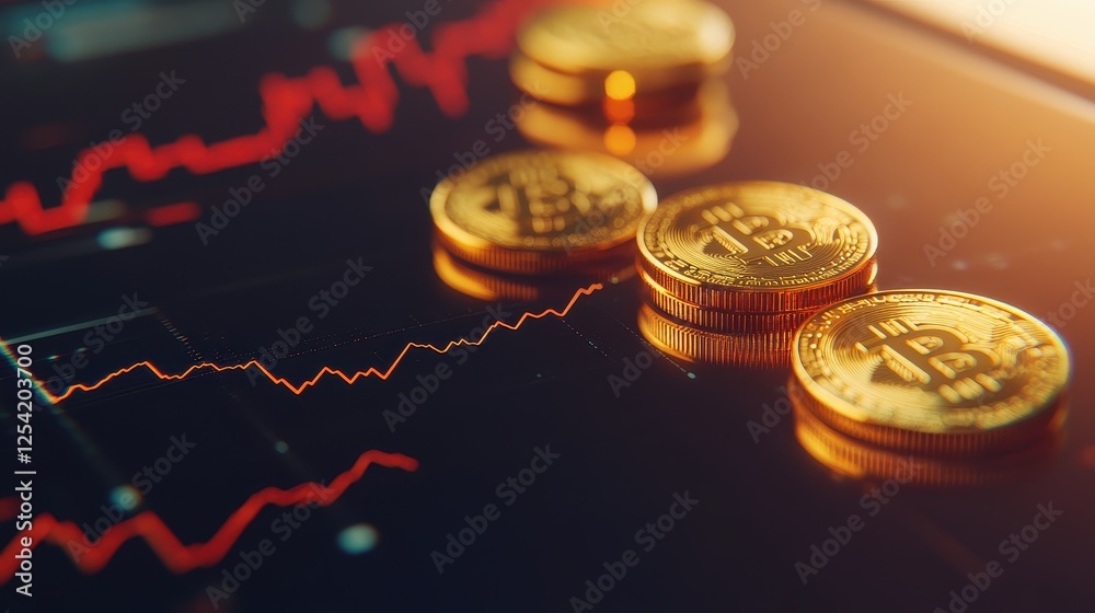Golden coins rolling on a glossy surface with financial graph displayed on digital tablet screen in background, stock market volatility and investment risk concept, isolated on white background. Golden coins rolling on a glossy surface with financial graph displayed on digital tablet screen in background, stock market volatility and investment risk concept, isolated on white background.