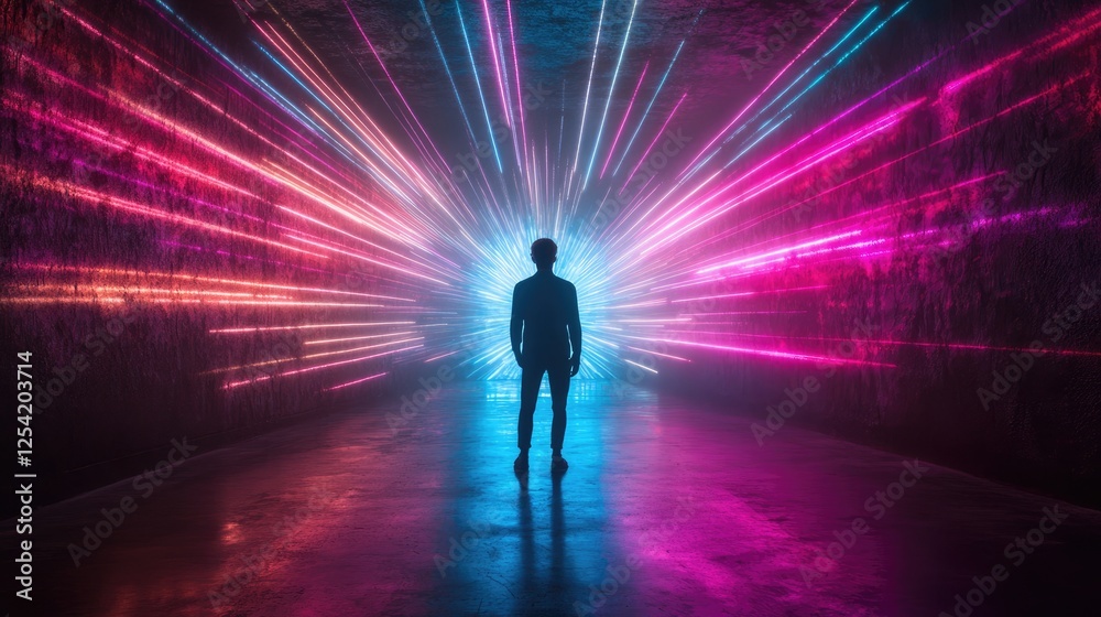 A silhouetted figure stands in a vibrant, illuminated tunnel filled with colorful light rays. A silhouetted figure stands in a vibrant, illuminated tunnel filled with colorful light rays.