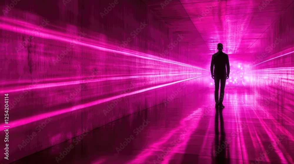 A silhouette walks through a neon-lit corridor, creating a futuristic atmosphere. A silhouette walks through a neon-lit corridor, creating a futuristic atmosphere.