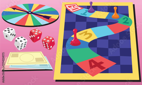 A graphic cartoon illustration of a board game with a spinner, dice, play money and game pieces. 