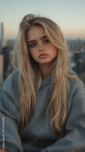 A blonde woman is sitting on a bench in a city. She is wearing a gray hoodie and has long blonde hair Free Download A blonde woman is sitting on a bench in a city. She is wearing a gray hoodie and has long blonde hair - GFXLoad