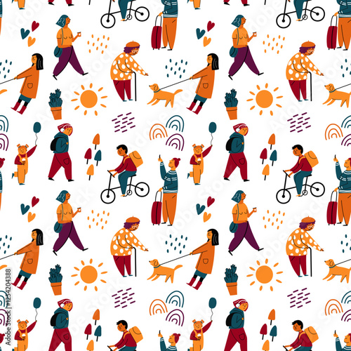 City Life Seamless vector Pattern people walking