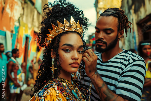 Golden Goddess: A captivating portrait of a model adorned in vibrant carnival attire, showcasing rich Brazilian culture and radiant beauty.