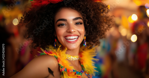Brazilian Carnival: A Vibrant Portrait of Joy and Celebration. A stunning depiction of a woman in a colorful carnival costume, radiating happiness and cultural pride.