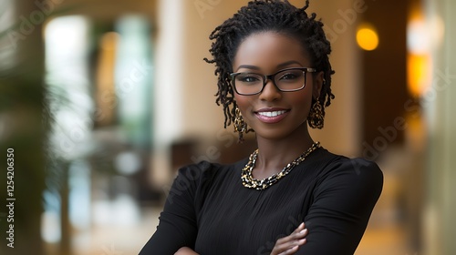 Self-confident and successful African female business woman, looking at the camera, posing in a modern Office space. Professional Portrait for Human Resources, Recruiting, Manager and Management, Lawy photo