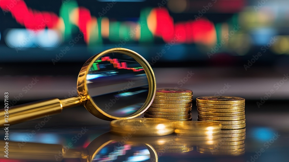 Magnifying glass over financial stock market chart on screen, stacks of gold coins beside laptop, investment analysis and economic growth concept, blurred background for depth effect. Magnifying glass over financial stock market chart on screen, stacks of gold coins beside laptop, investment analysis and economic growth concept, blurred background for depth effect.