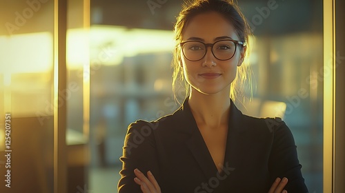 Self-confident female business woman, looking at the camera, posing in a modern Office space. Professional Portrait for Human Resources, Manager and Management or Lawyer concepts
 photo