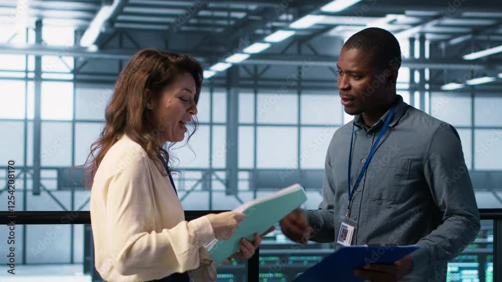 Cheerful admins meeting in data center to review reports and files, doing handshake. Server room employee saluting colleague, doing troubleshooting to prevent downtime, camera A