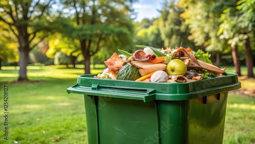 A green park bin filled with organic waste such as food scraps and vegetable peels , earthy tones