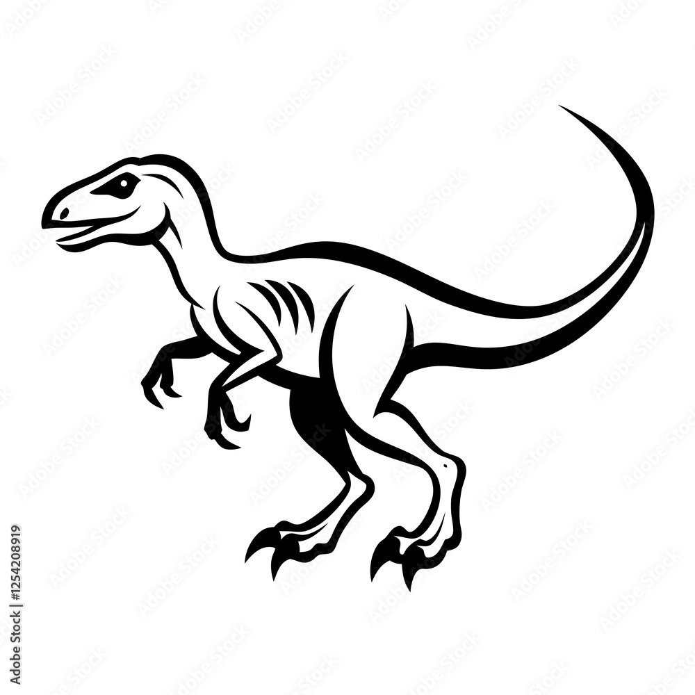Stylized velociraptor illustration in monochrome design highlighting dinosaur features. Stylized velociraptor illustration in monochrome design highlighting dinosaur features.