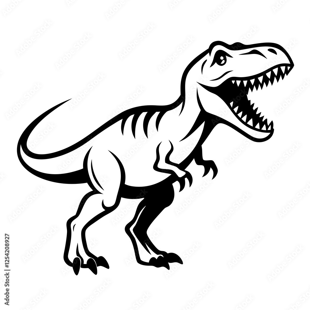 Black and white tyrannosaurus rex illustration with fierce expression and sharp teeth. Black and white tyrannosaurus rex illustration with fierce expression and sharp teeth.