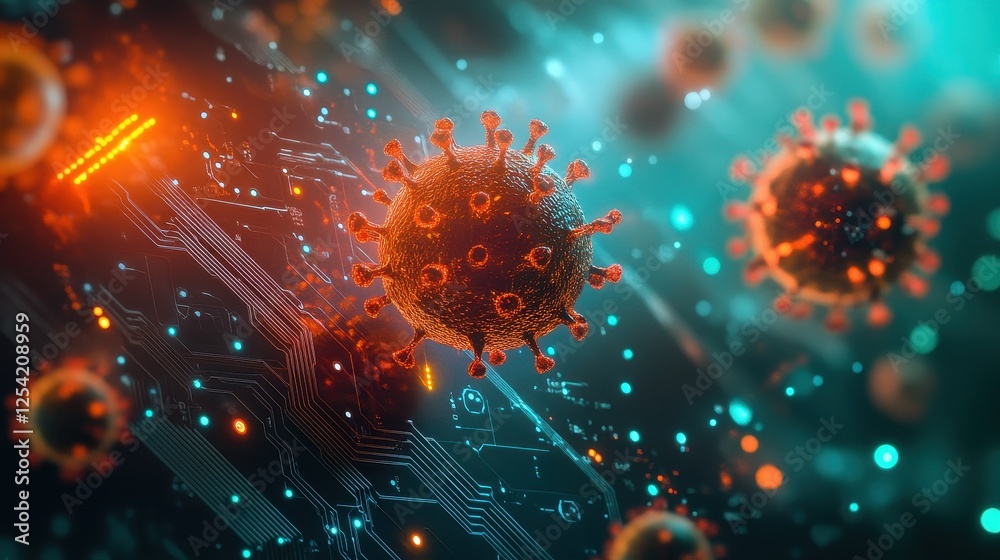 Fototapeta premium Microscopic view of virus cells merging with circuit board elements, futuristic AI-powered virus concept, glowing lights and digital interface, isolated with copy space for sci-fi technology impact. 
