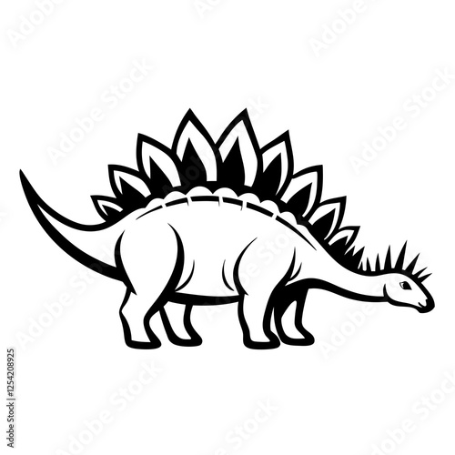 Black and white stegosaurus illustration with plates and spikes.