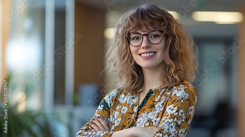 Self-confident and successful female business woman, looking at the camera, posing in a modern Office space. Professional Portrait for Human Resources, Recruiting, Manager and Management, Lawyer or Co photo