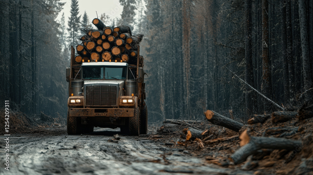 Fototapeta premium A large truck loaded with felled trees at the edge of a deforested area.