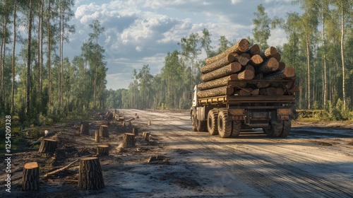 A large truck loaded with felled trees at the edge of a deforested area.