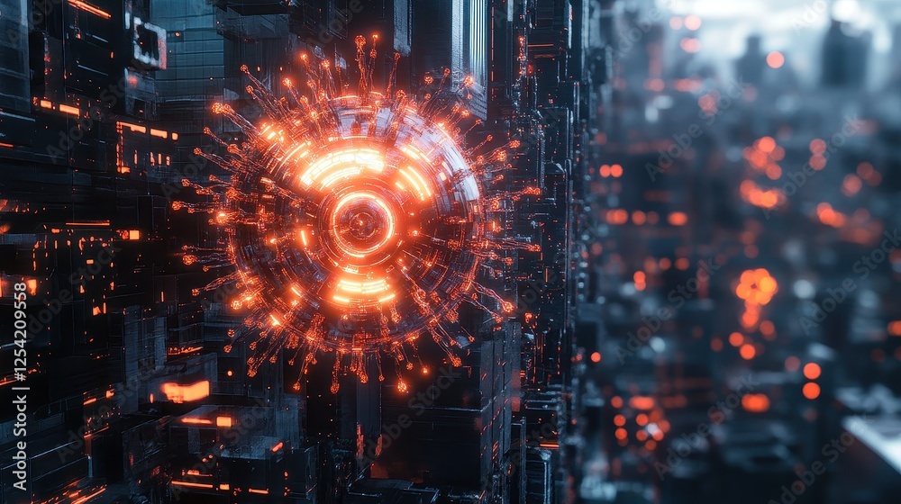 Obraz premium Microscopic view of virus, futuristic AI-powered virus concept, glowing lights and digital interface, isolated with copy space for sci-fi technology impact, on cityscape background.