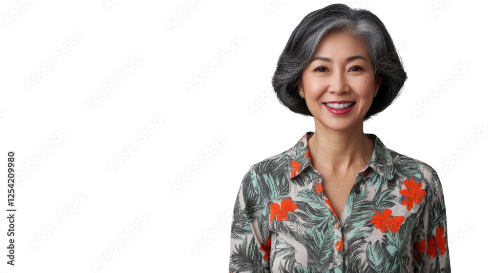 Smiling senior asian woman with gray hair posing on transparent background Smiling senior asian woman with gray hair posing on transparent background