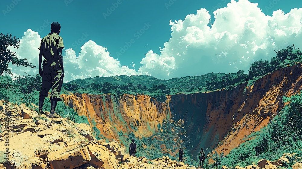 Obraz premium Stark contrast between African natural landscapes and colonial exploitation with native populations working in mines and on plantations overseen by colonizers