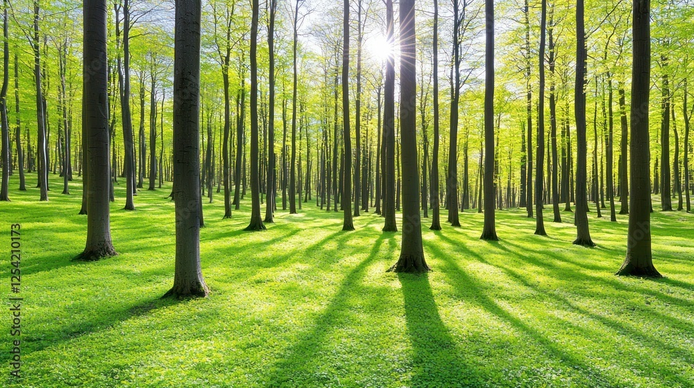 Fototapeta premium Sunny forest with lush green grass. Daylight. Wide shot. Possible use as nature backdrop
