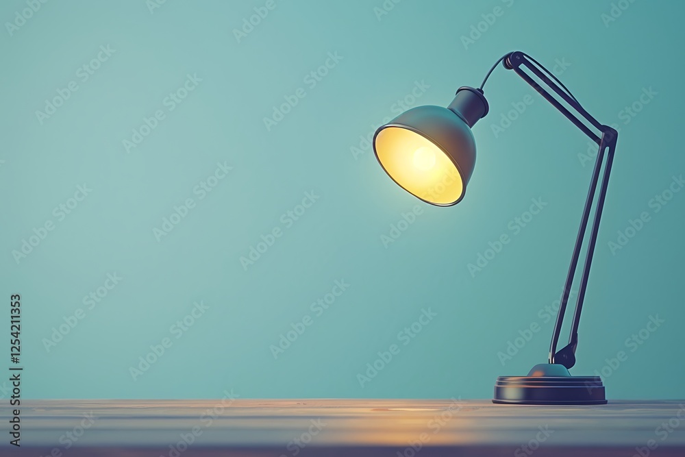 Close-up of a desk lamp casting warm light on a wooden tabletop against a light blue background, showcasing modern simplicity and high detail. Close-up of a desk lamp casting warm light on a wooden tabletop against a light blue background, showcasing modern simplicity and high detail.