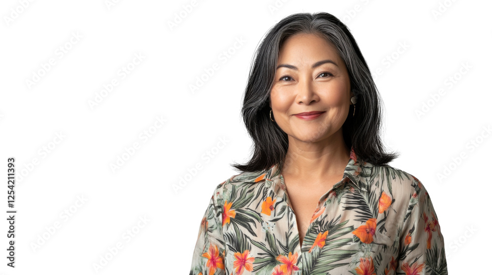 Smiling senior asian woman posing on transparent background Smiling senior asian woman posing on transparent background