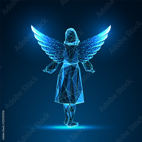 Abstract woman silhouette with glowing wings on blue background. Freedom, strength, empowerment 