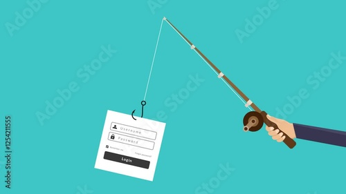 Hand holding a fishing rod with a hook attached to a login form, conceptualizing phishing scams and cybersecurity awareness. Suitable for cybersecurity concepts.