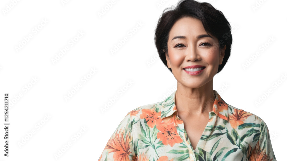 Smiling mature asian woman with short hair posing on transparent background Smiling mature asian woman with short hair posing on transparent background