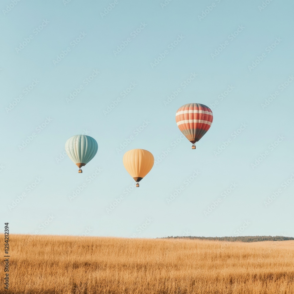 Fototapeta premium Vibrant hot air balloons ascend gracefully over a golden field during a clear day. Generative AI