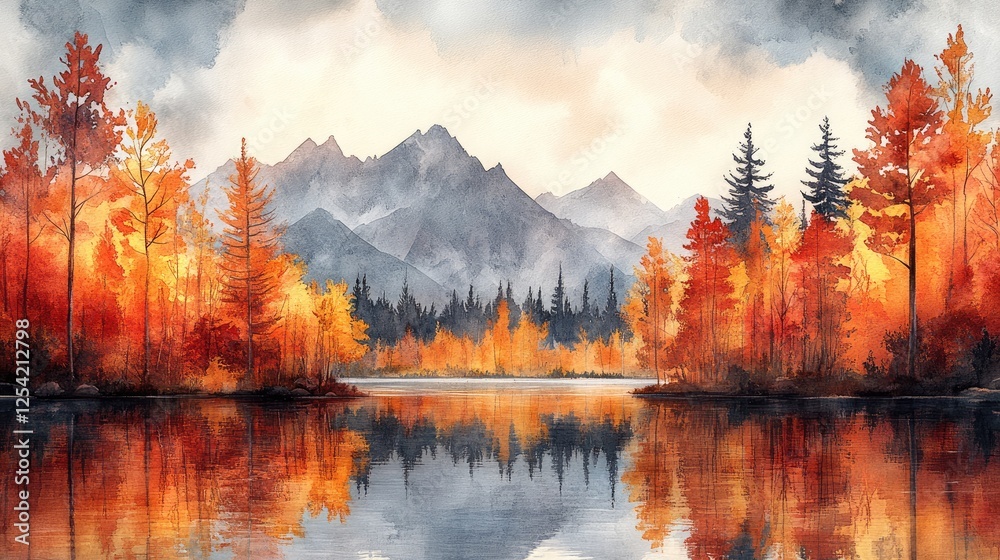 Fototapeta premium A serene watercolor landscape featuring autumn trees, mountains, and a reflective lake.