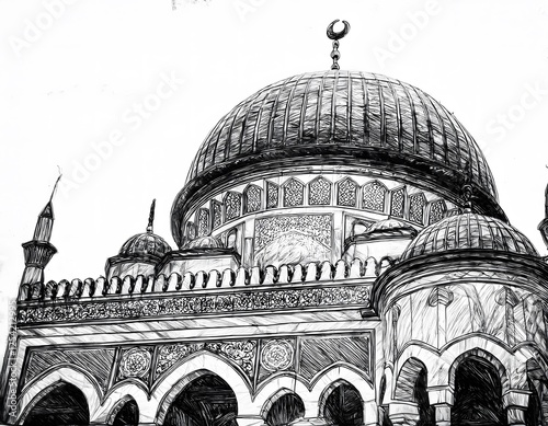 Black and White Pen Sketch of a Peaceful Madinah Street at Dawn