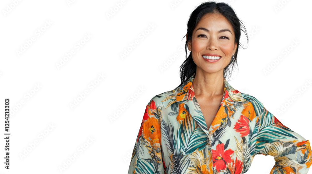 Smiling asian woman wearing colorful shirt posing on transparent background Smiling asian woman wearing colorful shirt posing on transparent background