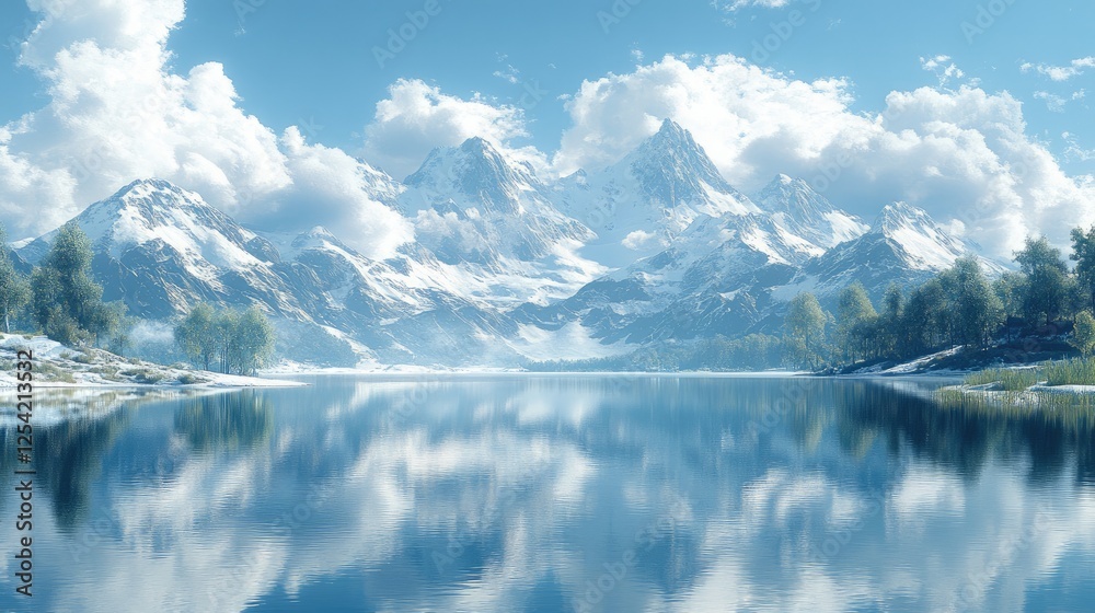 Fototapeta premium A serene mountain landscape with snow-capped peaks reflecting in a calm lake.