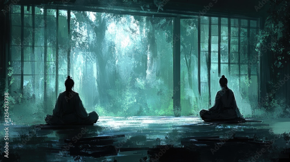 Two figures meditating in a serene, misty forest setting with soft light filtering through. Two figures meditating in a serene, misty forest setting with soft light filtering through.