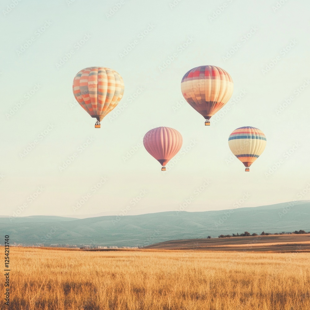 Fototapeta premium Hot air balloons gracefully ascend over a golden field at sunset in a serene landscape. Generative AI