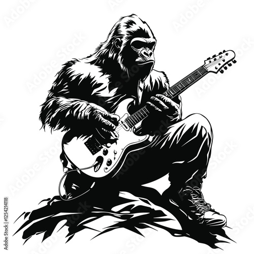 Black Silhouette of a Gorilla Playing Electric Guitar