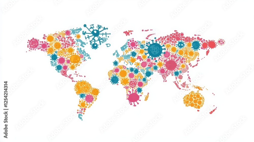 © Chantip - Virus floating on world map flat design front view, Epidemiology illustration Front view Bright. © Chantip - Virus floating on world map flat design front view, Epidemiology illustration Front view Bright.