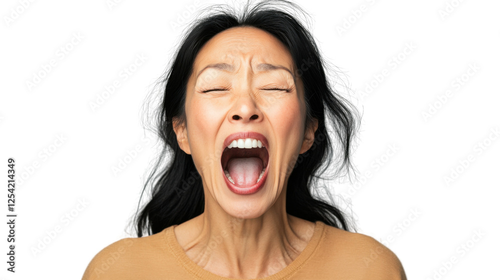 Stressed asian woman screaming with transparent background