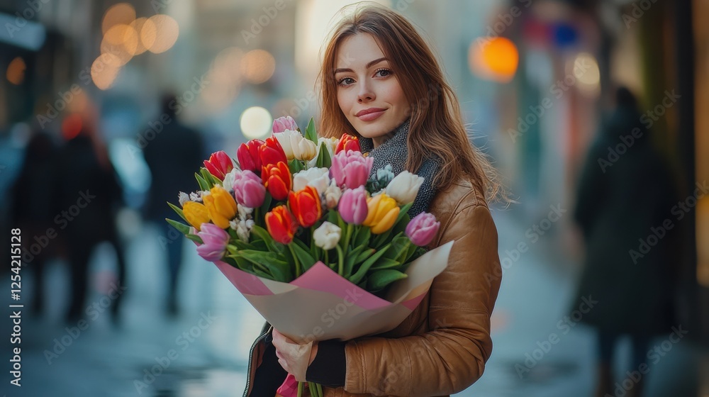 Fototapeta premium A woman stands in the city street holding a colorful bouquet of tulips