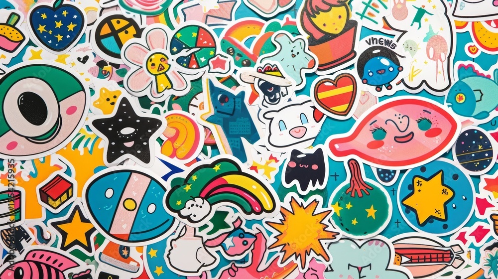 This is a lively and vibrant collection of colorful stickers that feature playful, cheerful icons and expressions This is a lively and vibrant collection of colorful stickers that feature playful, cheerful icons and expressions