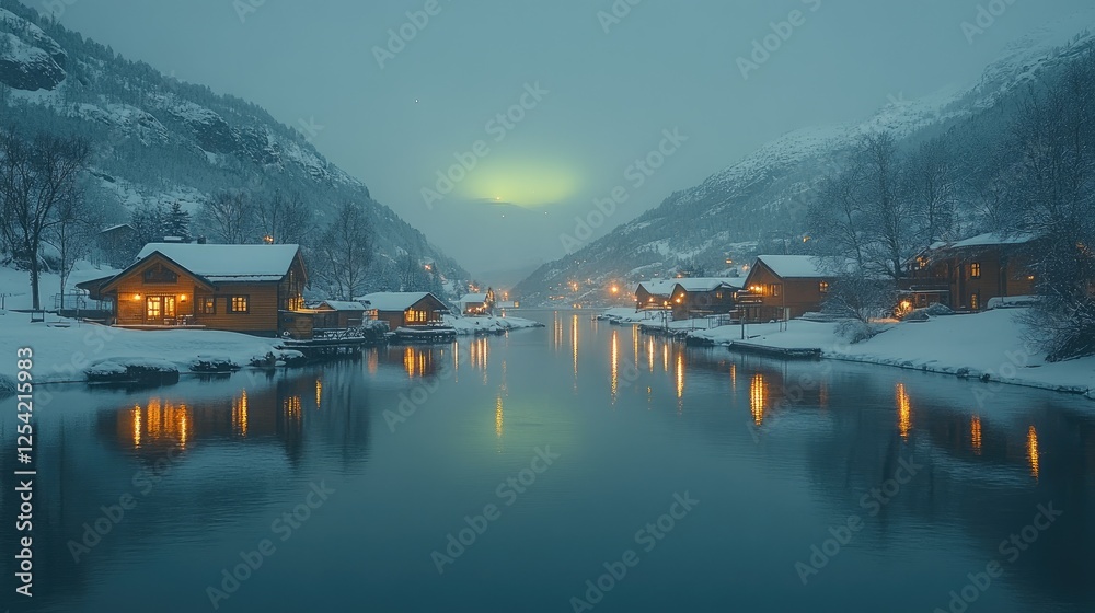 Fototapeta premium Serene winter landscape with cozy cabins reflecting on a calm river under a snowy atmosphere.