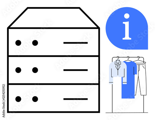 Modern wardrobe with three drawers, hanging shirts and pants, and information symbol. Ideal for organizing tips, lifestyle blogs, retail, interior design, minimalist living home improvement. Line